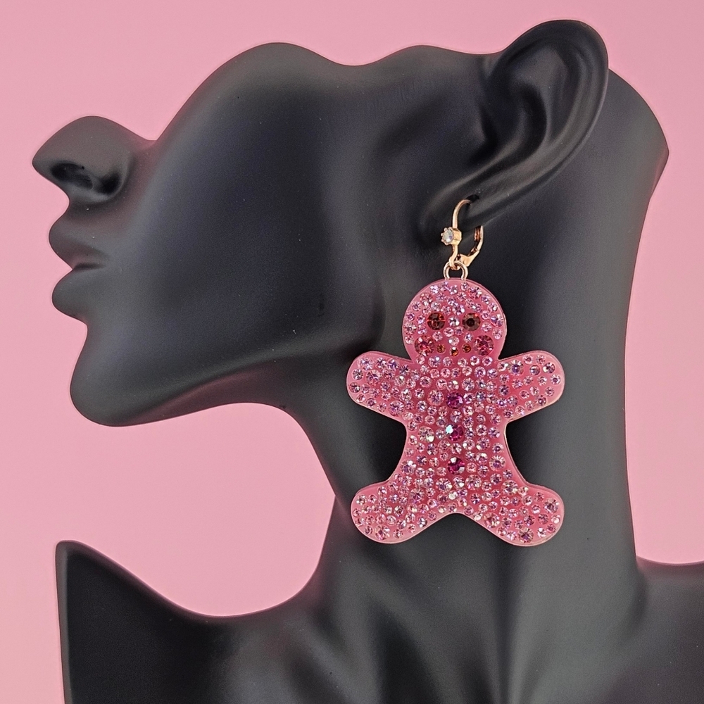 Betsey Johnson Earrings Pink Crystal Gold Tone Gingerbread Cookies Christmas